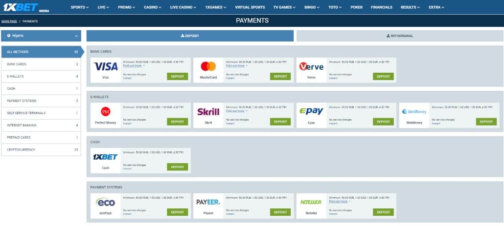 deposit methods in 1xbet