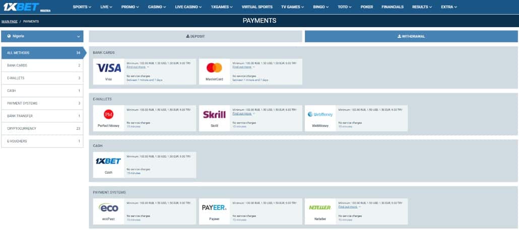 withdrawal methods in 1xbet