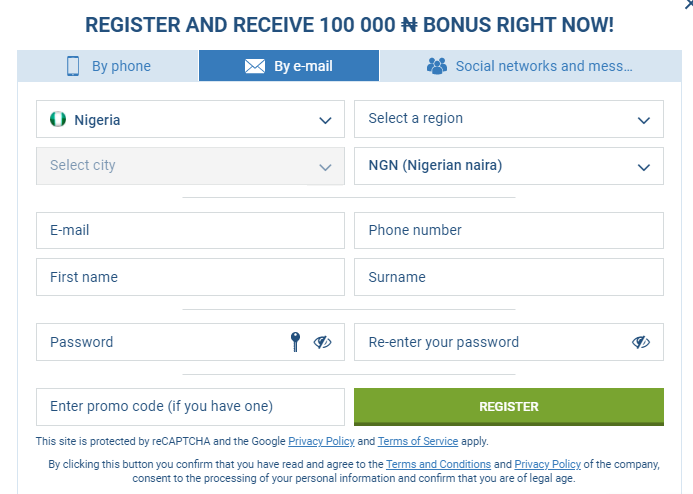 register at 1xBet Nigeria