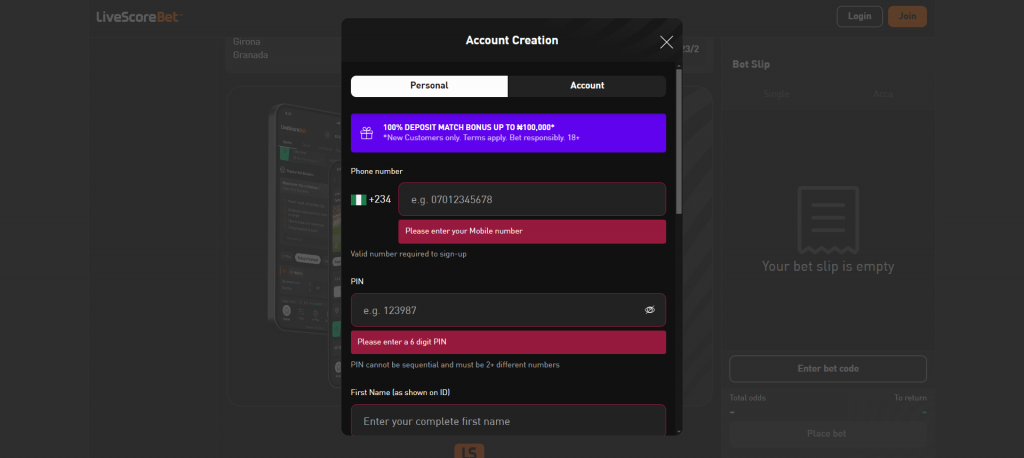 Registration Process on LiveScore